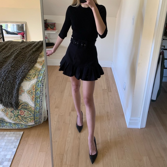 Black Ruffle Mini Skirt with Belted Waist - Cinched and Elegant - Picture 1 of 5